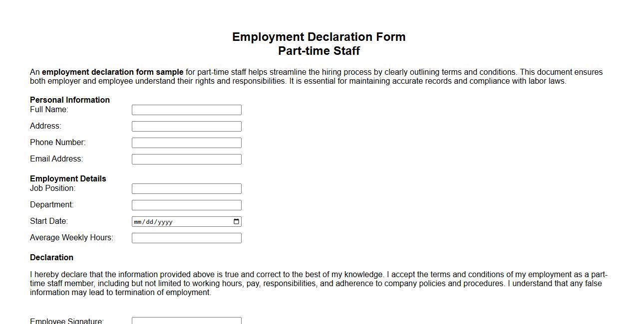employment declaration form sample for part-time staff image preview