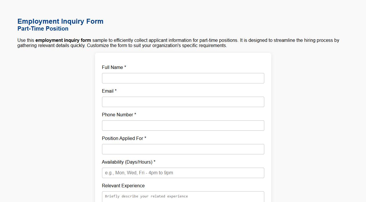 employment inquiry form sample for part-time positions image preview