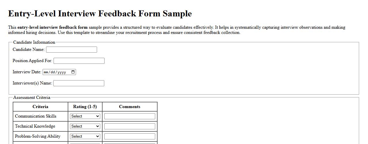 Entry-level interview feedback form sample example image preview