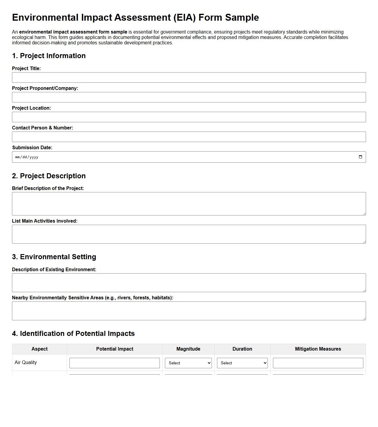 Environmental impact assessment form sample for government compliance image preview