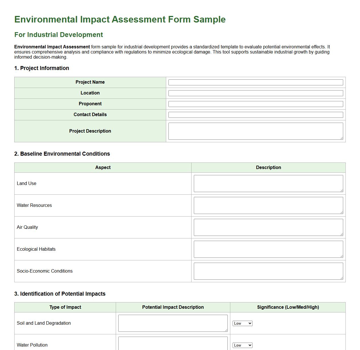 Environmental impact assessment form sample for industrial development image preview