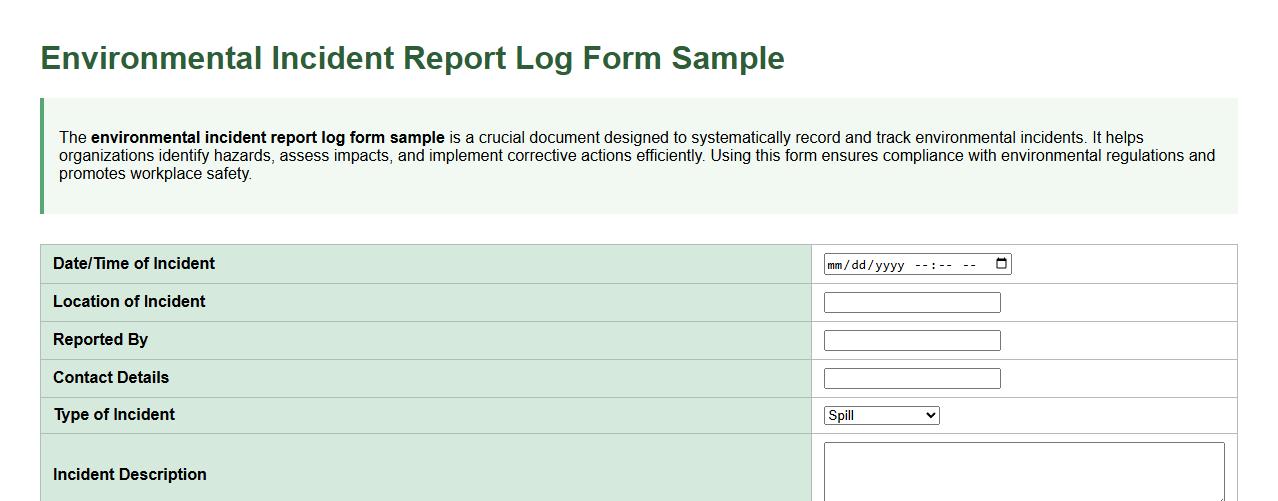 environmental incident report log form sample image preview