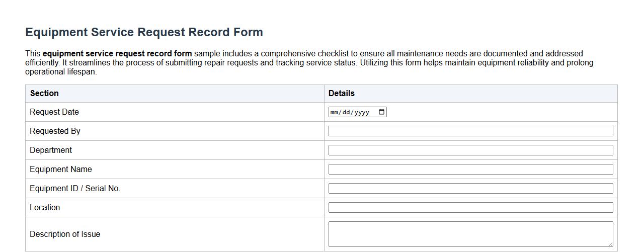 equipment service request record form sample with checklist image preview