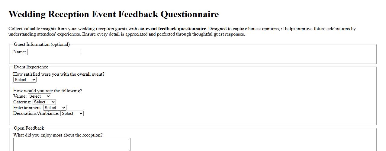 event feedback questionnaire for wedding reception guests image preview