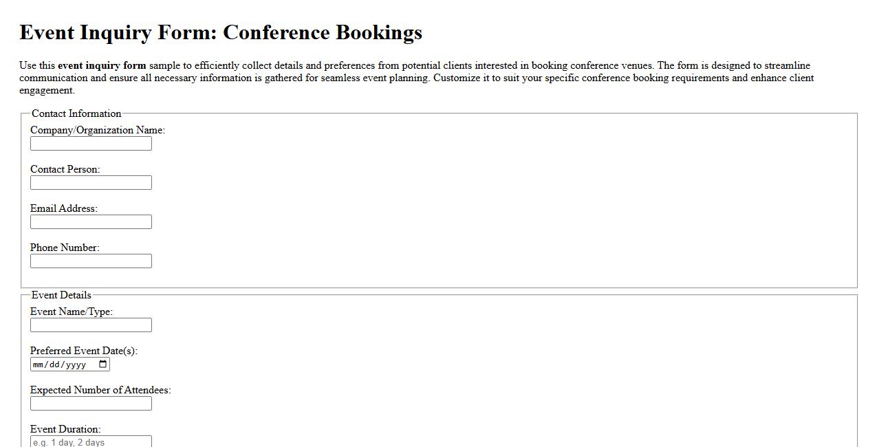 Event inquiry form sample for conference bookings image preview