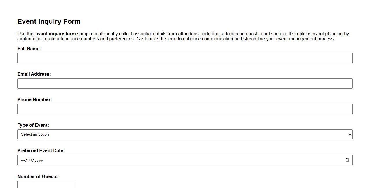 Event inquiry form sample with guest count section image preview