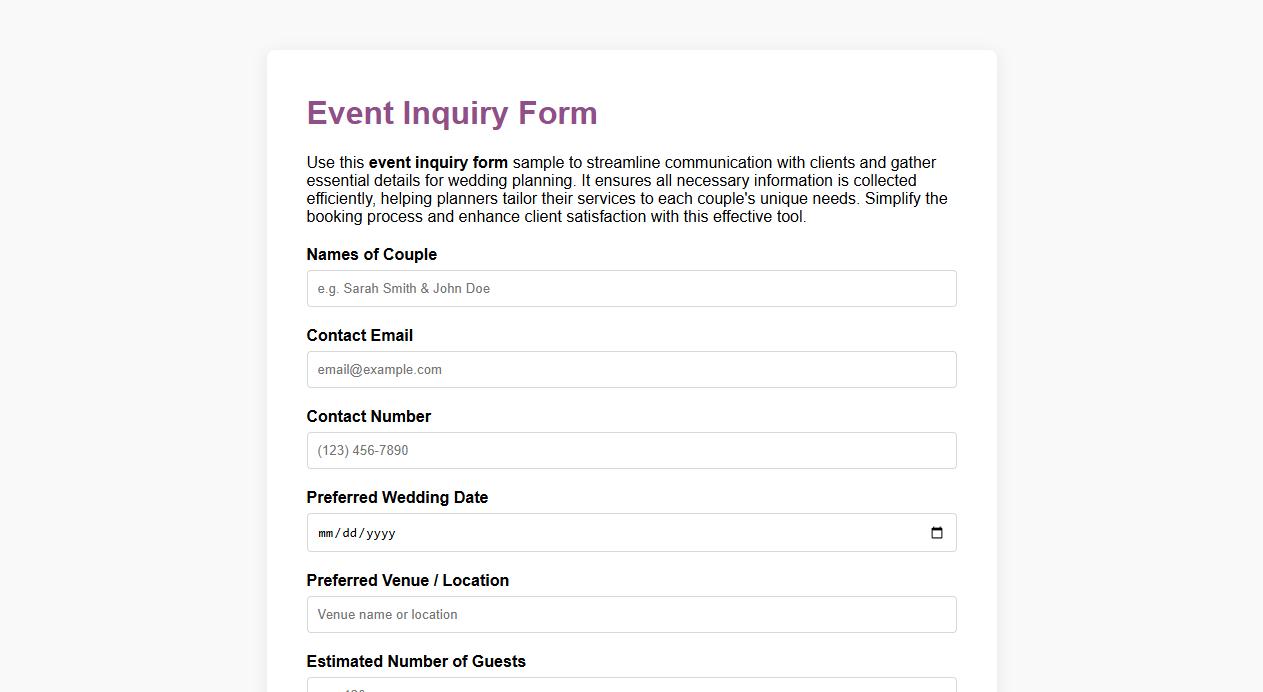 Event inquiry form sample for wedding planners image preview