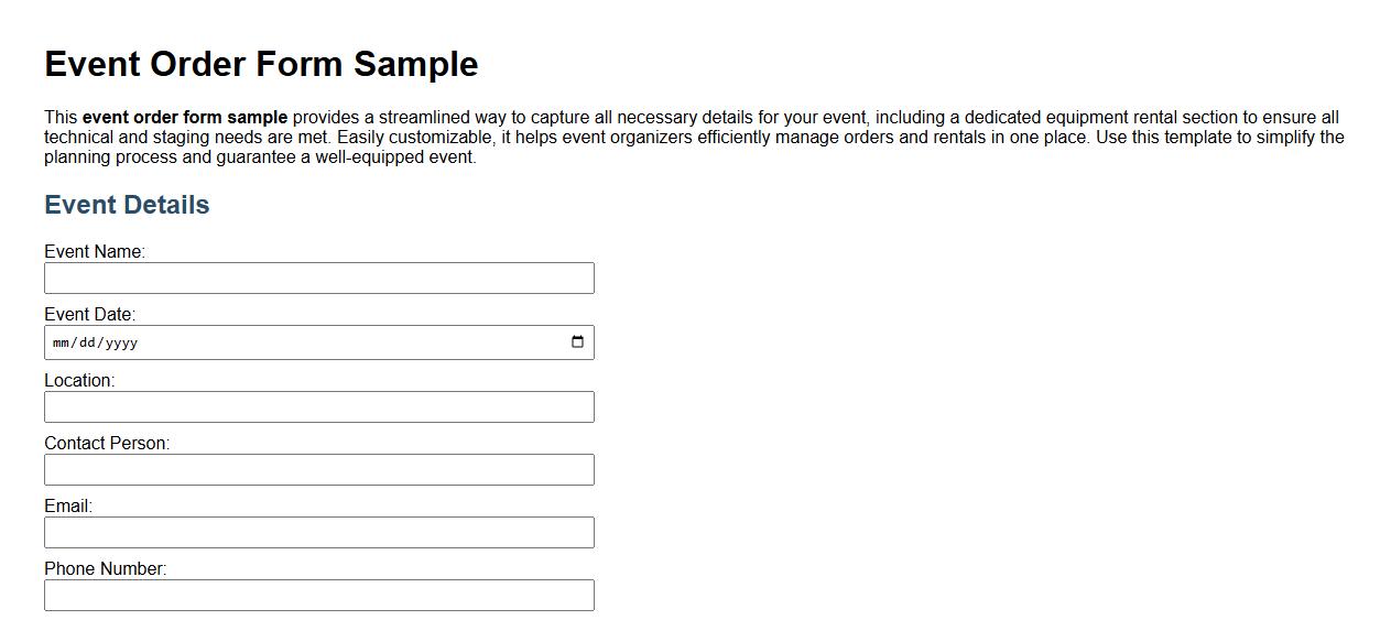 event order form sample including equipment rental section image preview