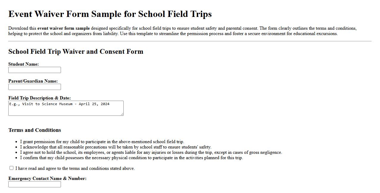 Event waiver form sample for school field trips image preview