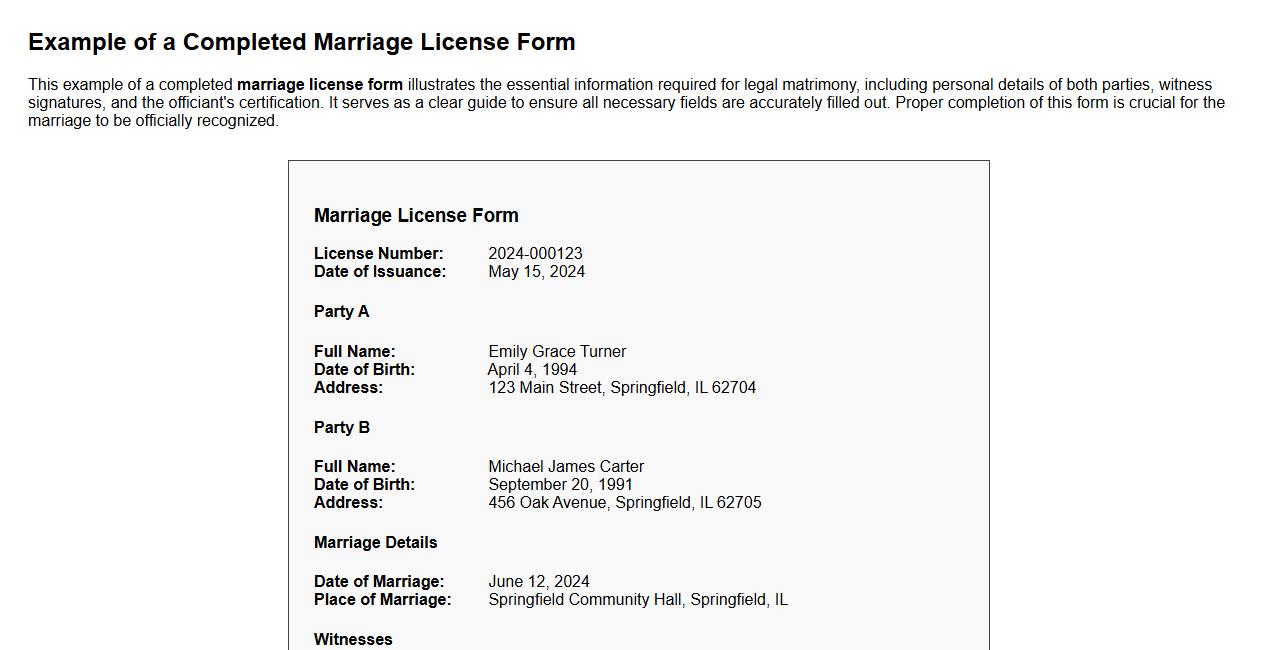 Example of a completed marriage license form image preview