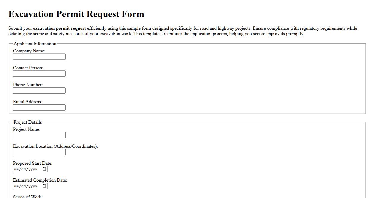 Excavation permit request form sample for road and highway excavation image preview