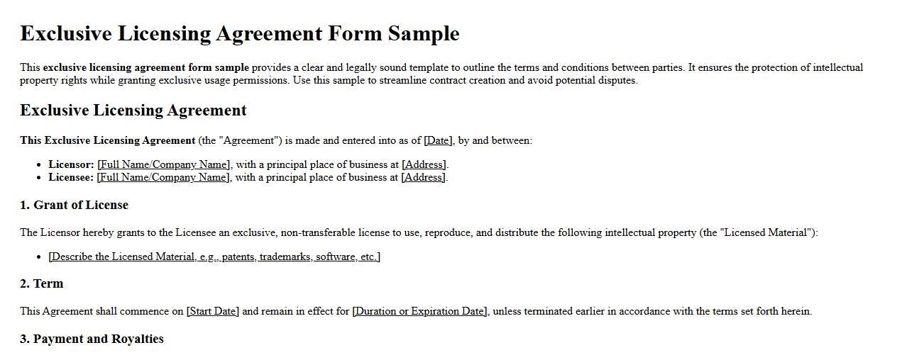 Exclusive licensing agreement form sample image preview
