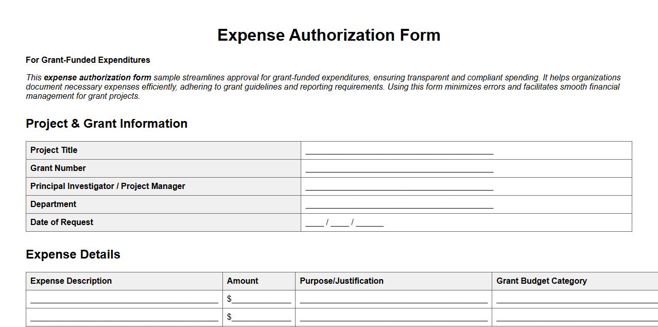 expense authorization form sample for grant-funded expenditures image preview