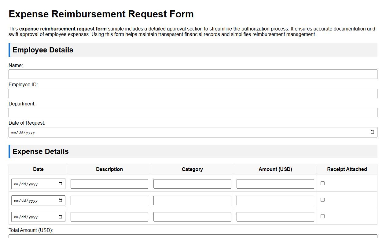 Expense reimbursement request form sample with approval section image preview
