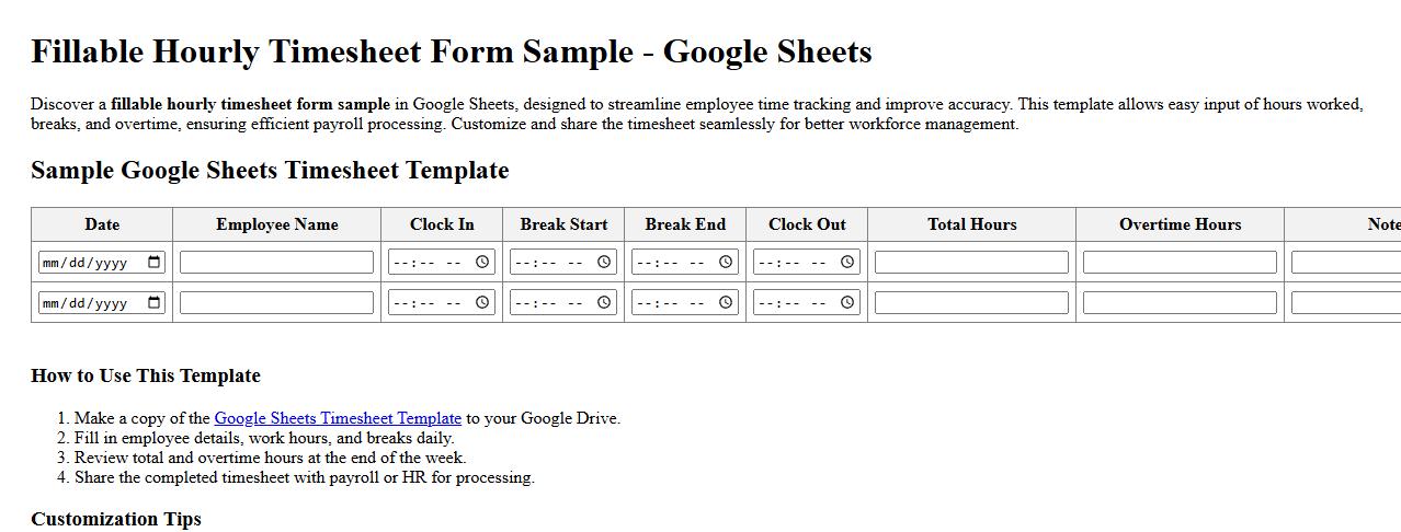 fillable hourly timesheet form sample Google Sheets image preview