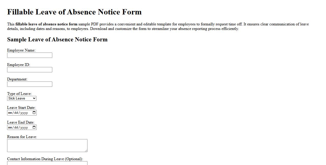 fillable leave of absence notice form sample PDF image preview
