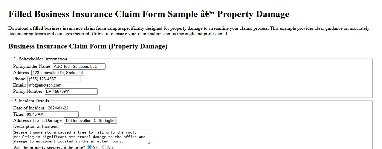 filled business insurance claim form sample for property damage image preview