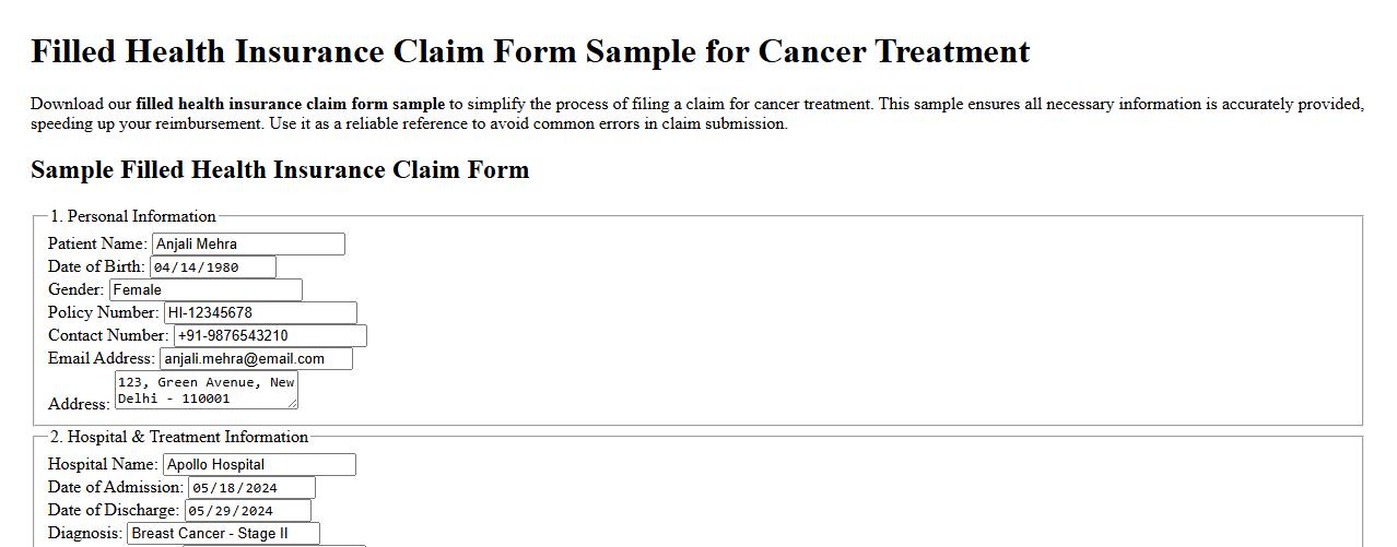 Filled health insurance claim form sample for cancer treatment image preview