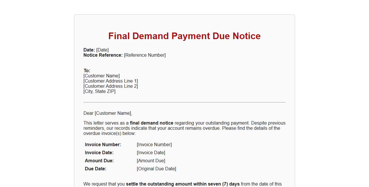 Final demand payment due notice form sample image preview