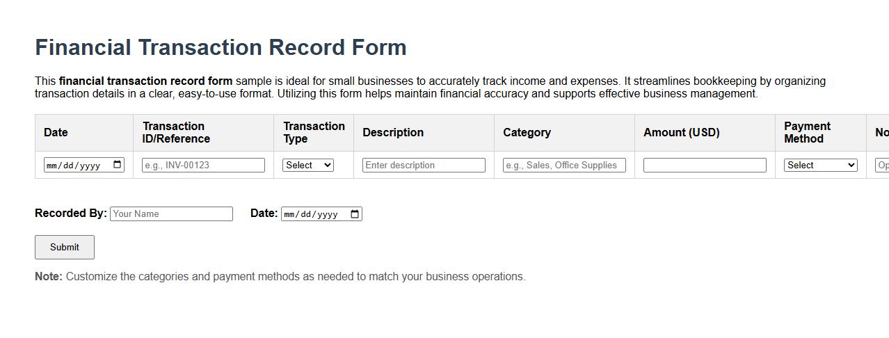 Financial transaction record form sample for small businesses image preview