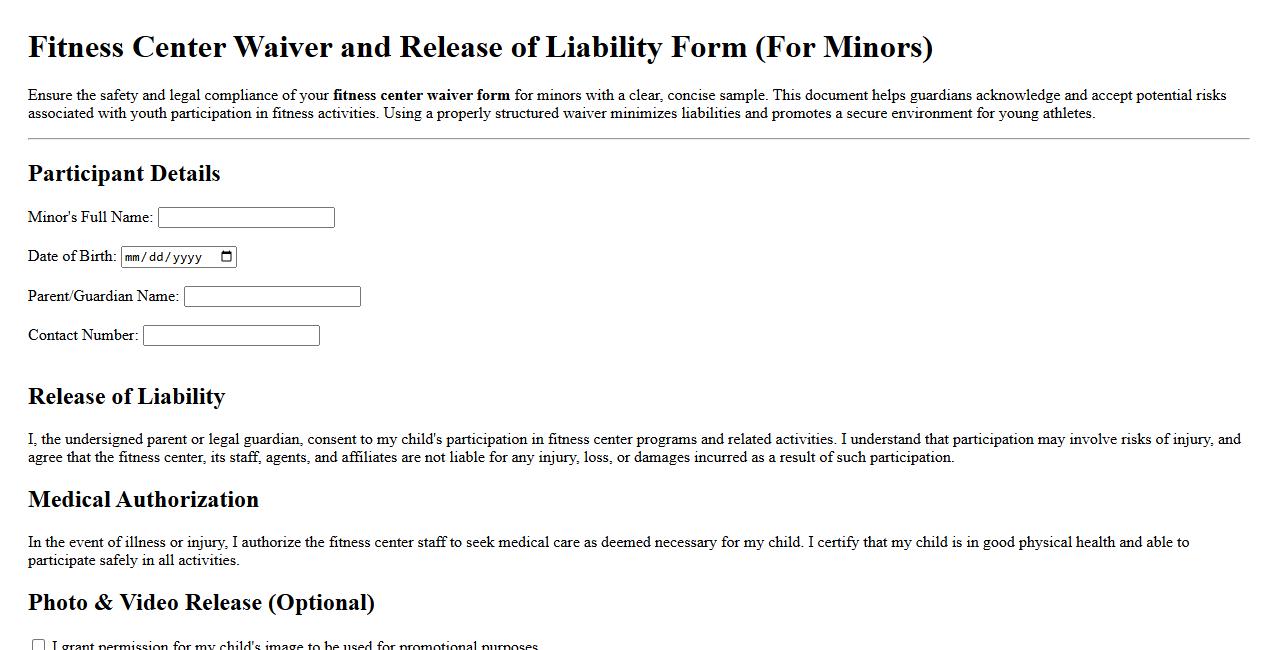 fitness center waiver form sample for minors image preview