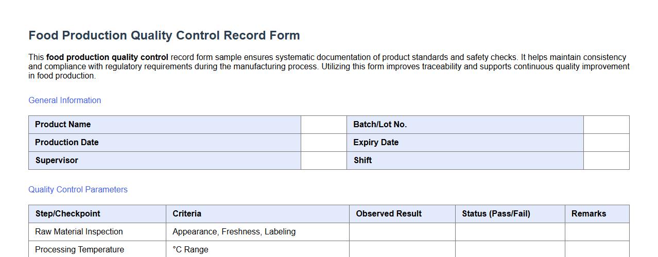 Food production quality control record form sample image preview