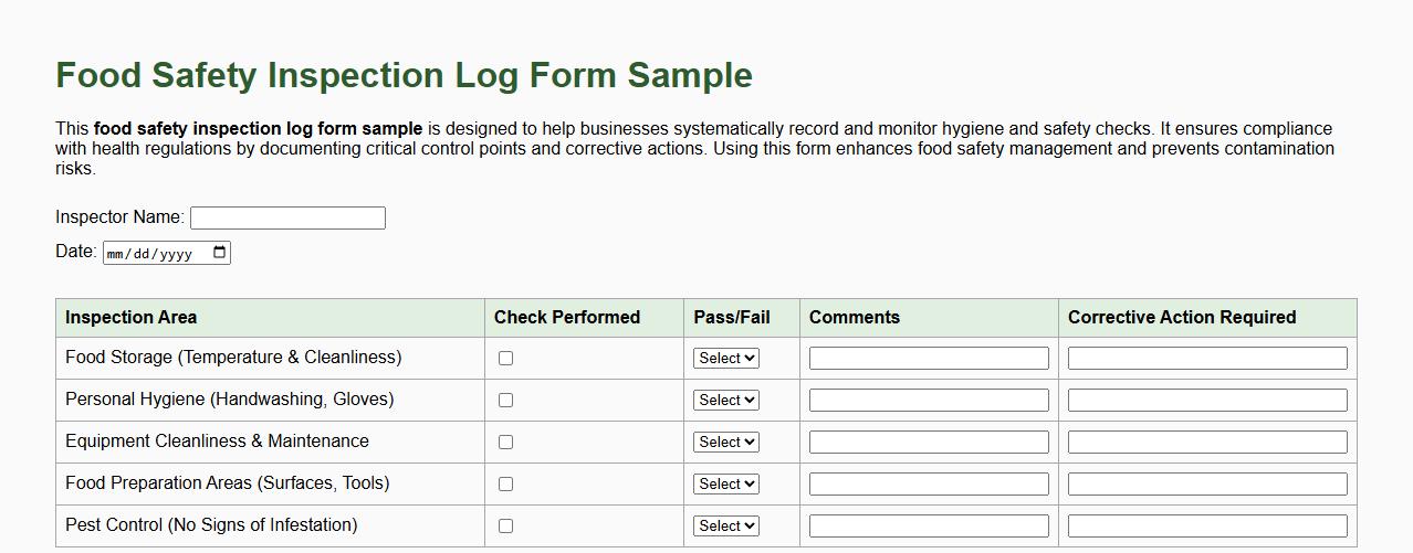 Food safety inspection log form sample image preview