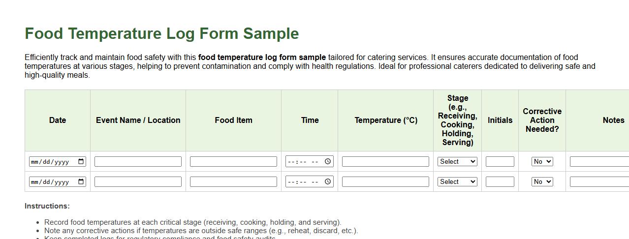 food temperature log form sample for catering services image preview