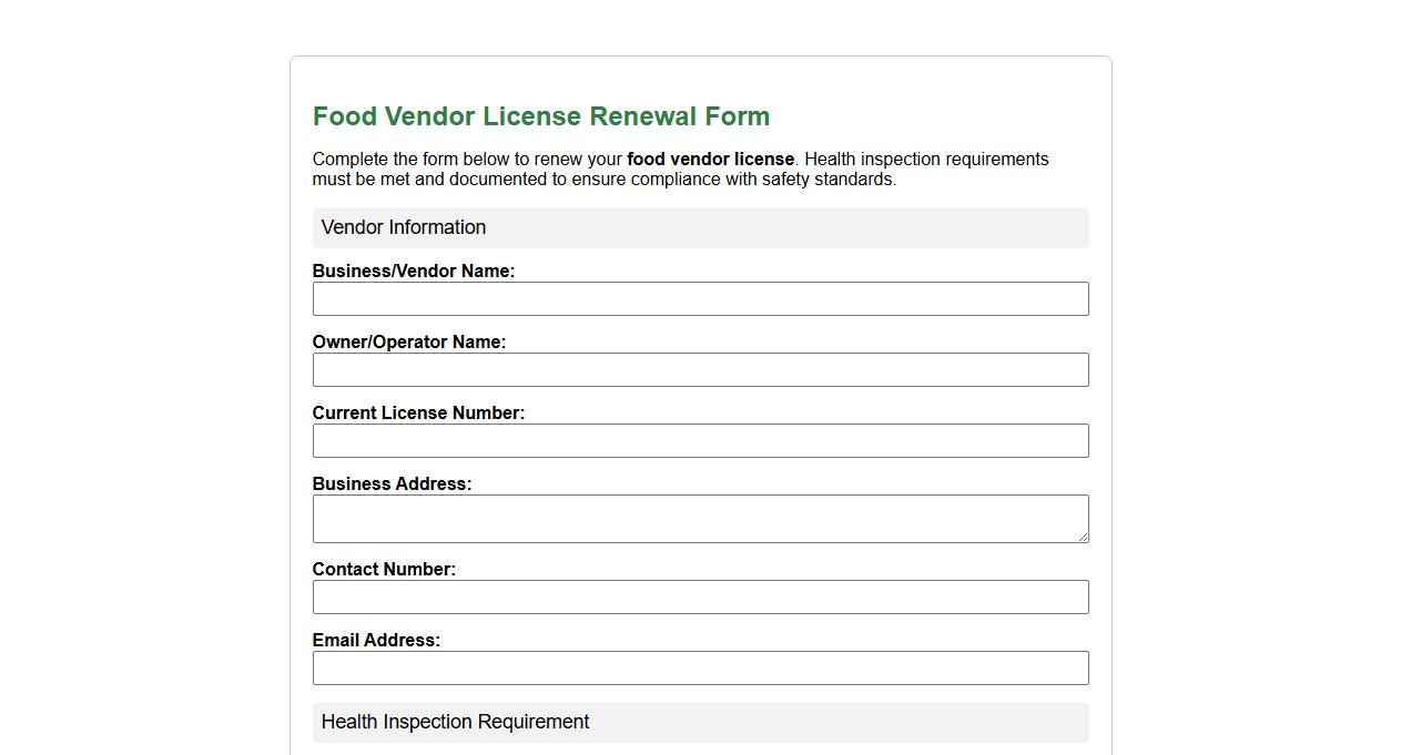 Food vendor license renewal form sample with health inspection requirement image preview