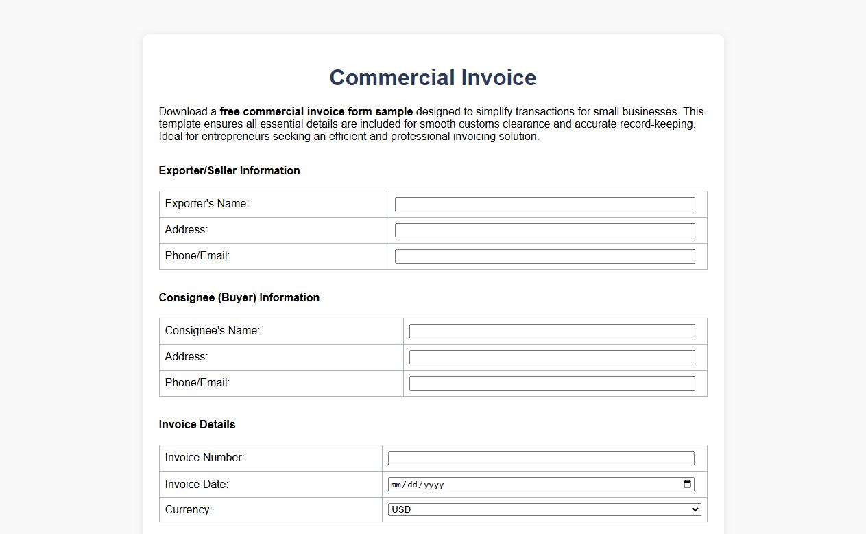 free commercial invoice form sample for small business image preview