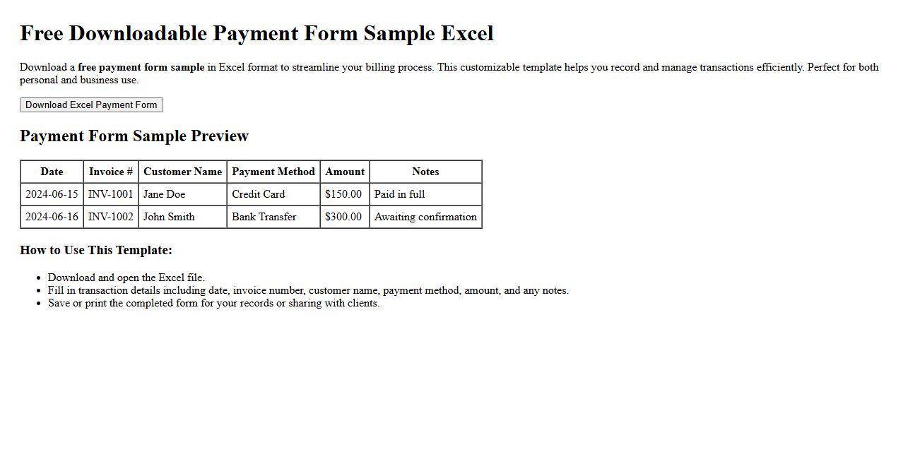 Free downloadable payment form sample excel image preview