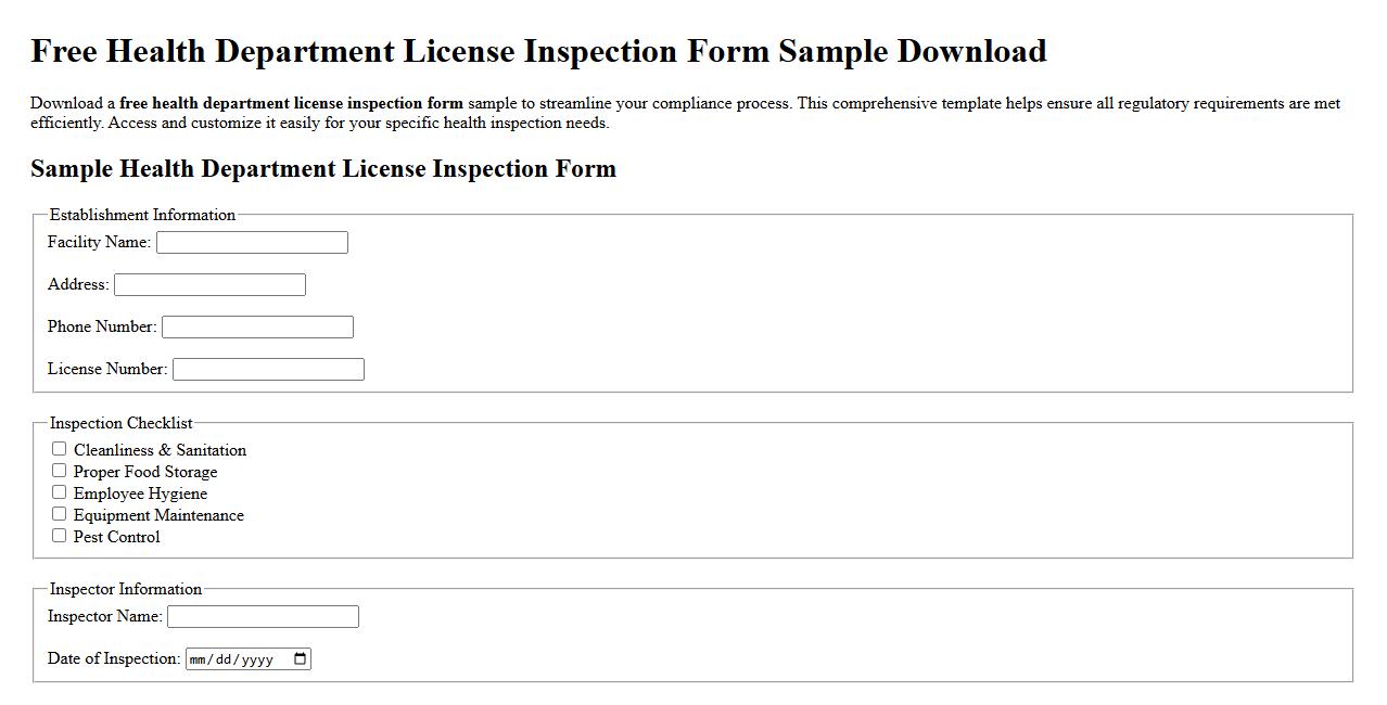 Free health department license inspection form sample download image preview