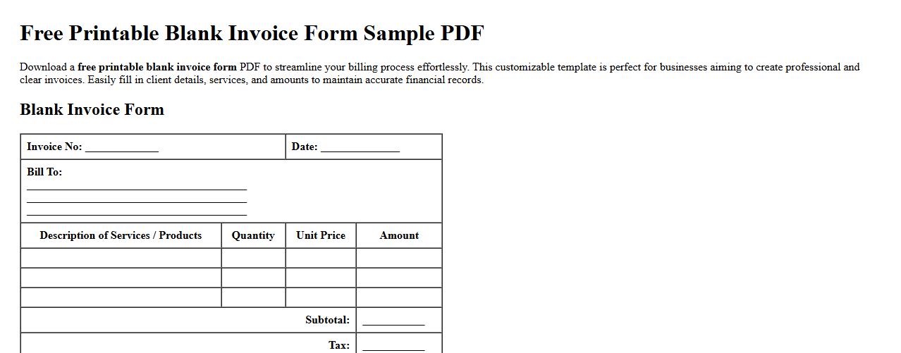 Free printable blank invoice form sample PDF image preview