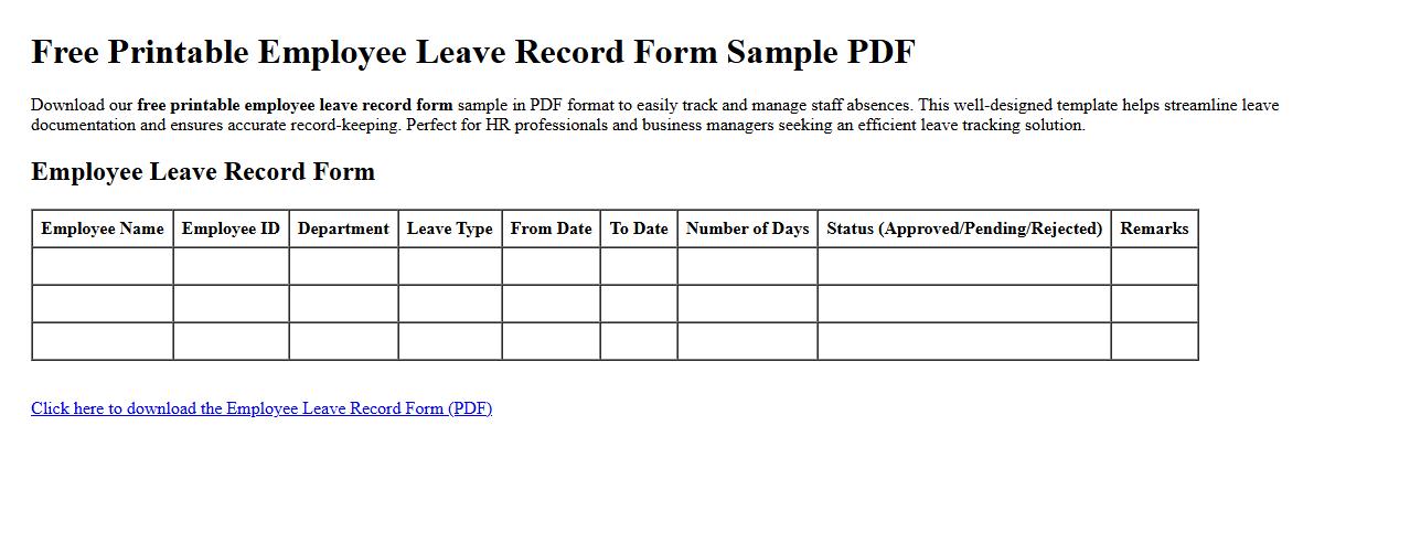 free printable employee leave record form sample PDF image preview