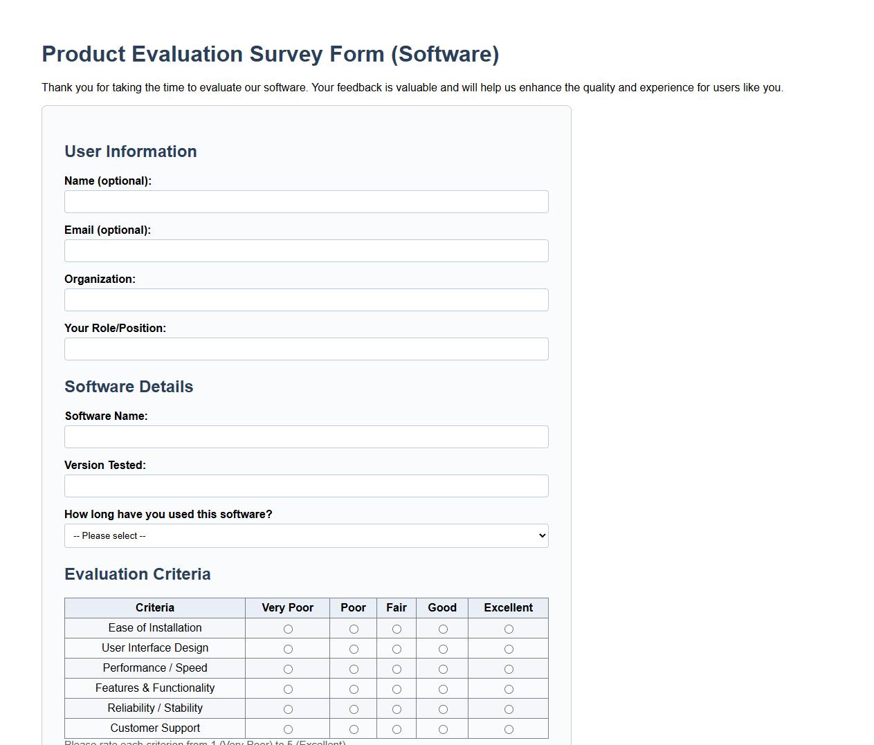 free printable product evaluation survey form sample for software image preview