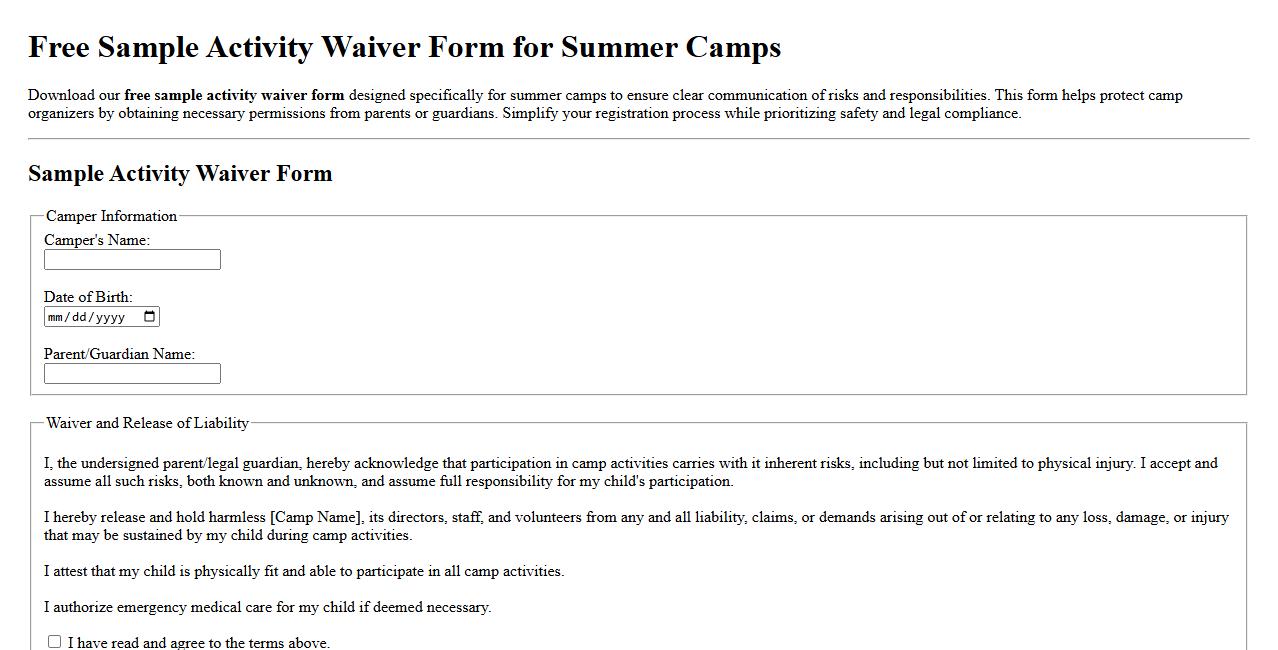 Free sample activity waiver form for summer camps image preview