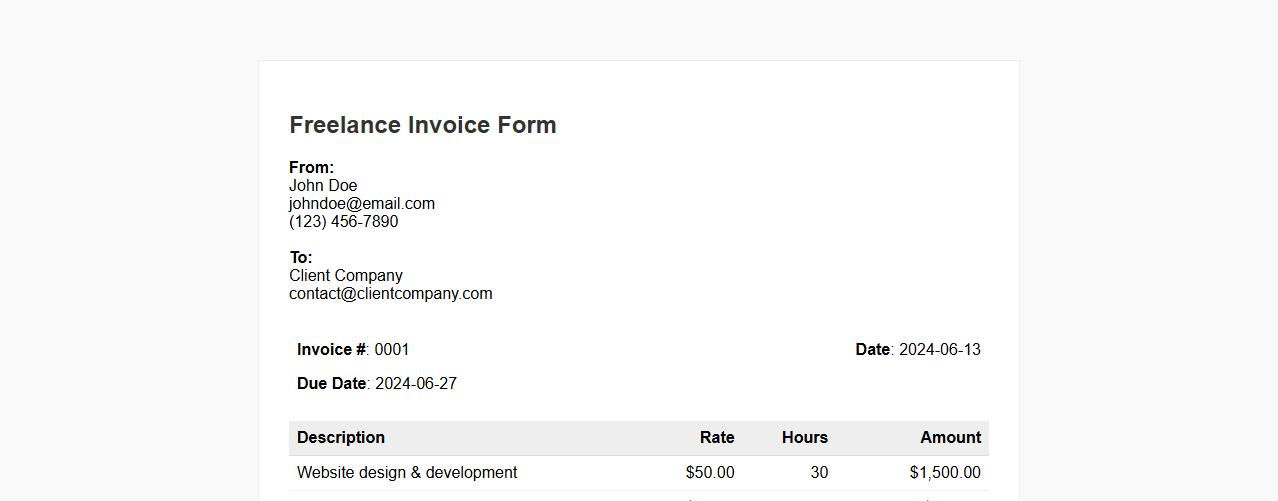 Freelance invoice form sample with payment terms image preview