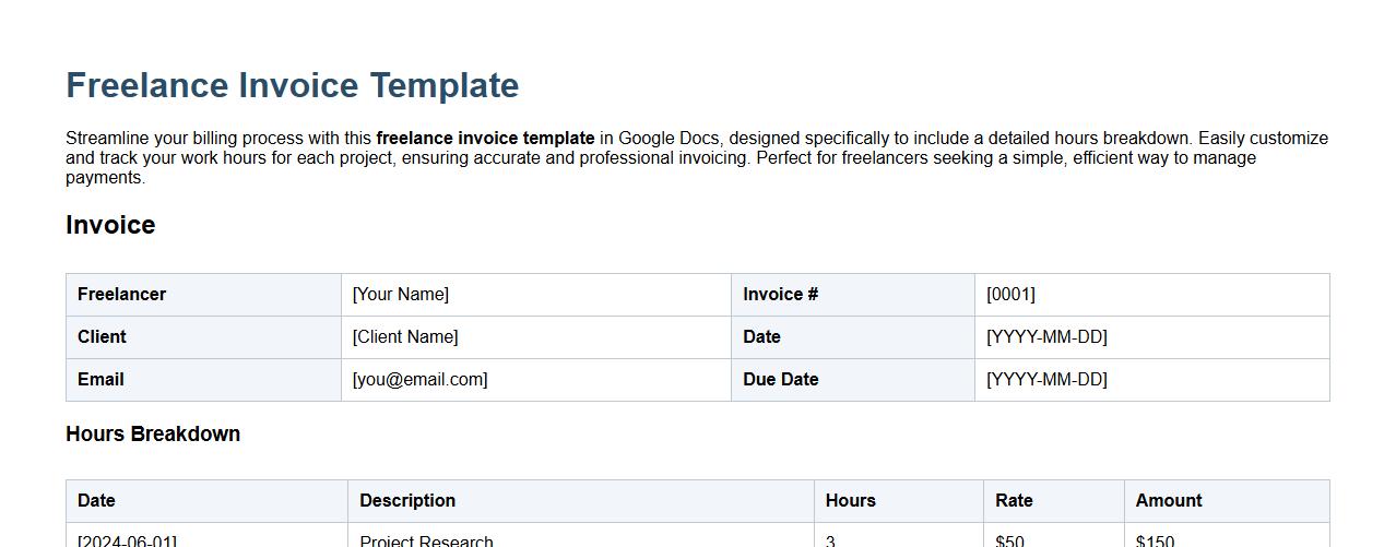 Freelance invoice template Google Docs with hours breakdown image preview