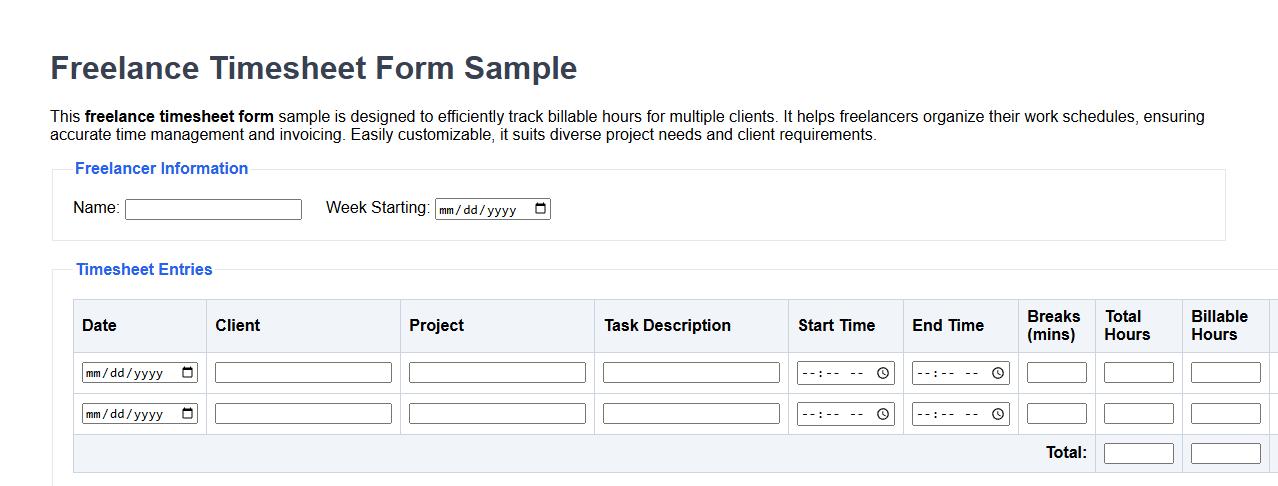 Freelance timesheet form sample for multiple clients image preview