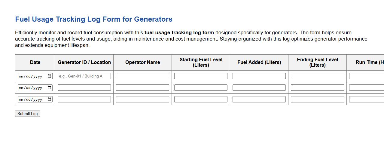 Fuel usage tracking log form sample for generators image preview
