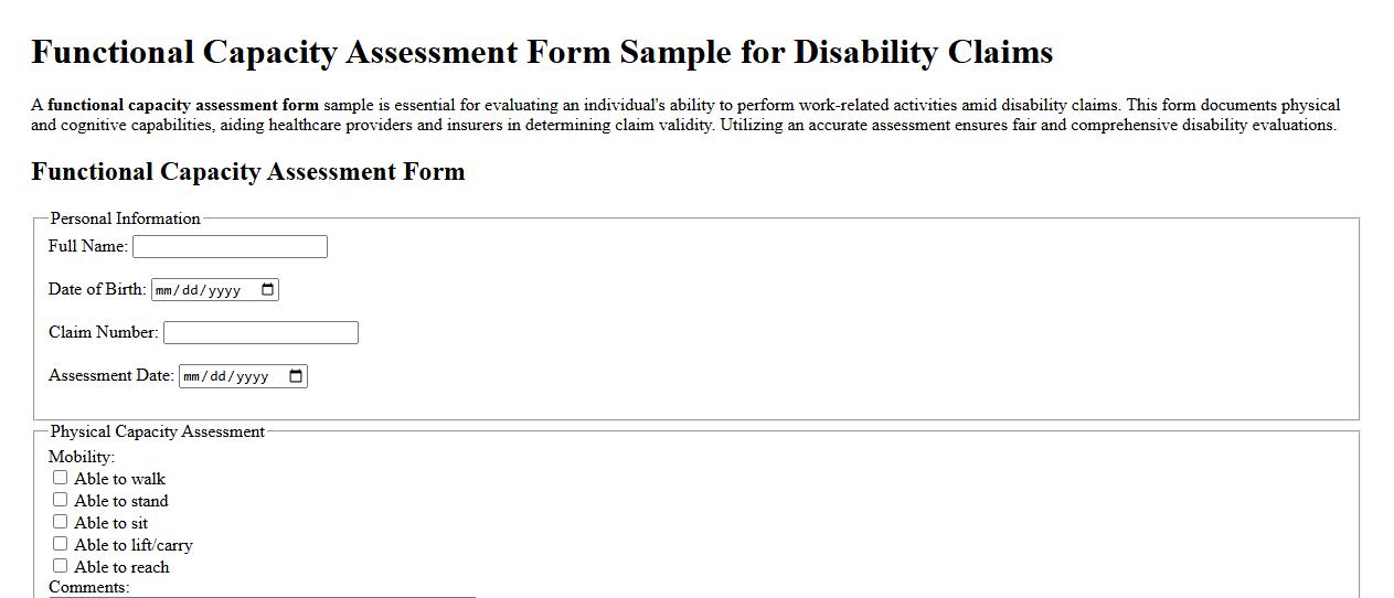 Functional capacity assessment form sample for disability claims image preview