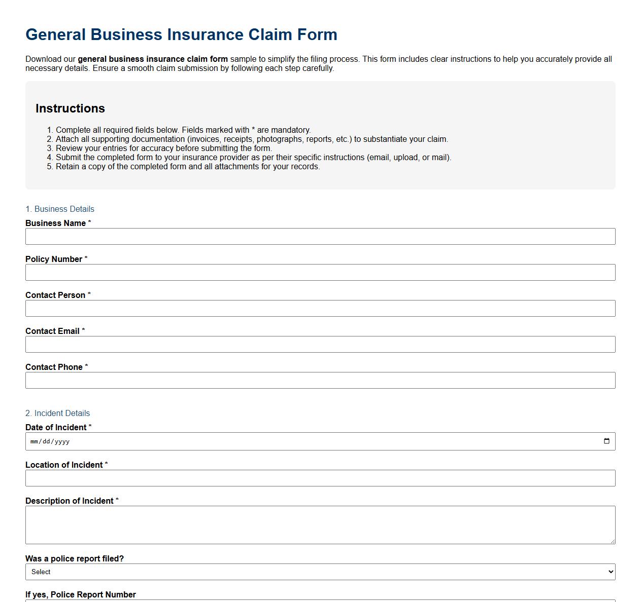 general business insurance claim form sample with instructions image preview