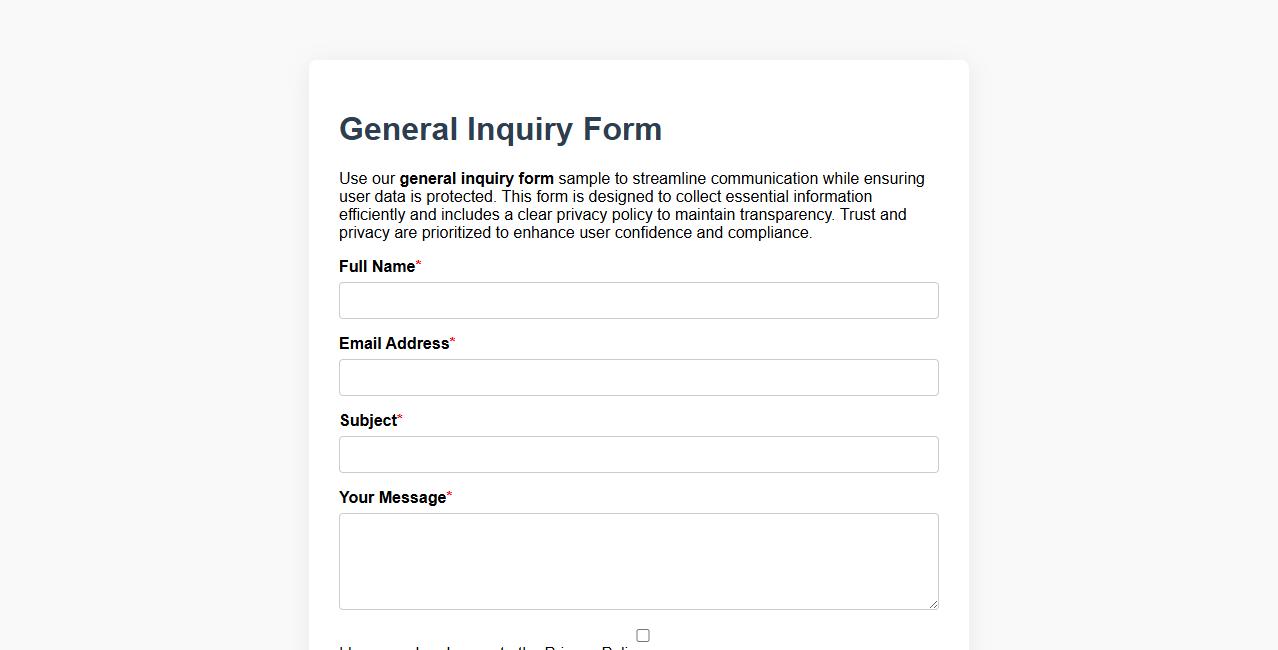 general inquiry form sample with privacy policy image preview
