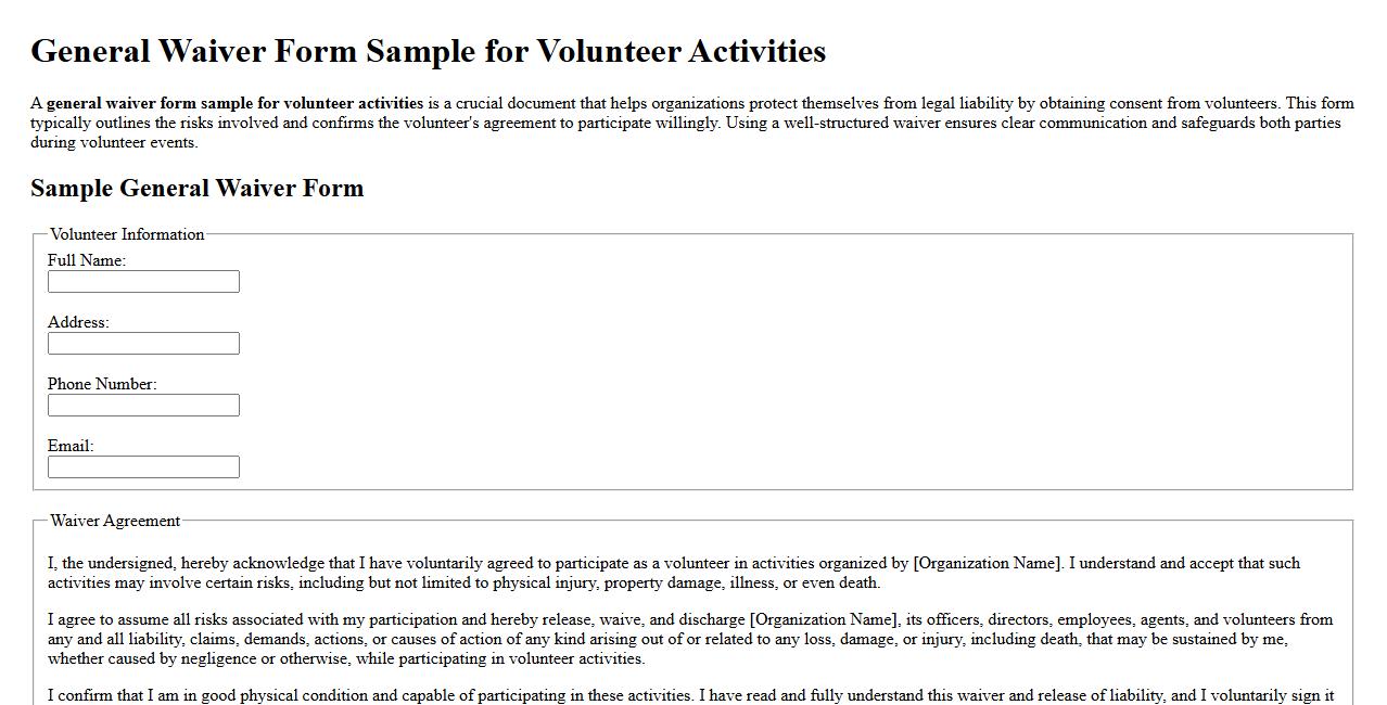 general waiver form sample for volunteer activities image preview