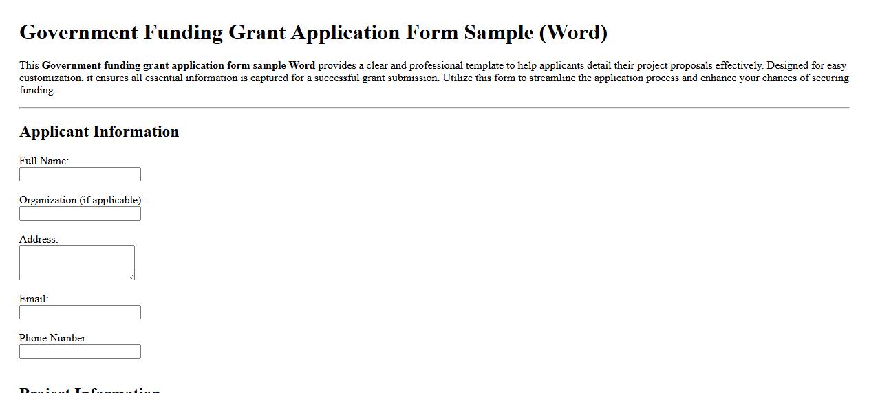 Government funding grant application form sample Word image preview