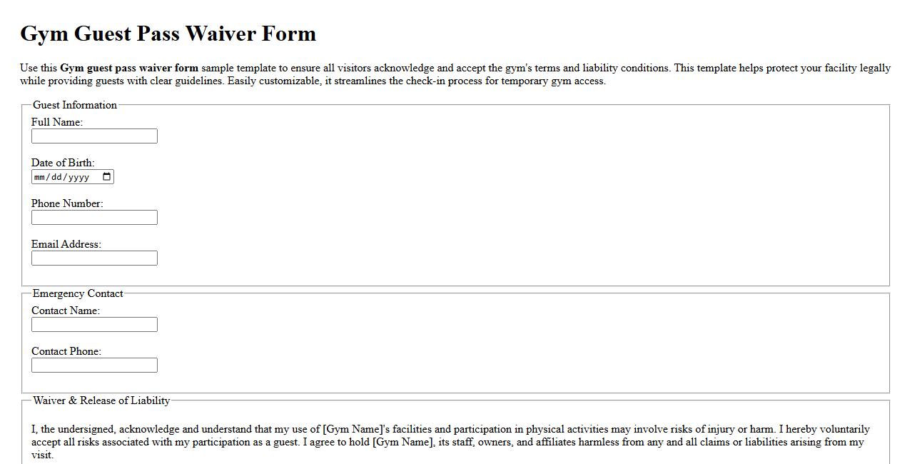 Gym guest pass waiver form sample template image preview