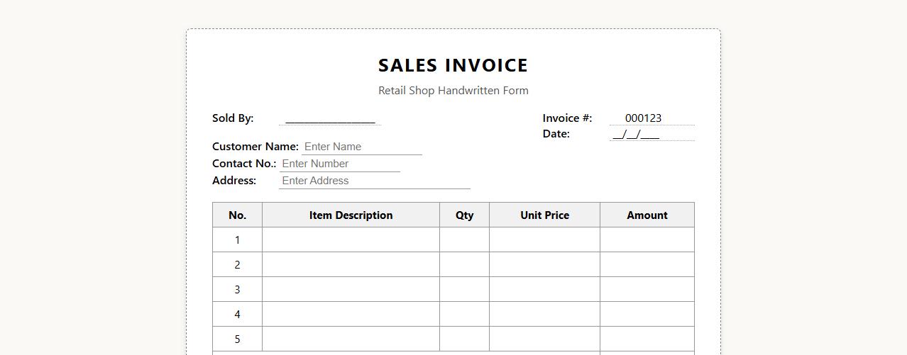 handwritten sales invoice form sample for retail shops image preview