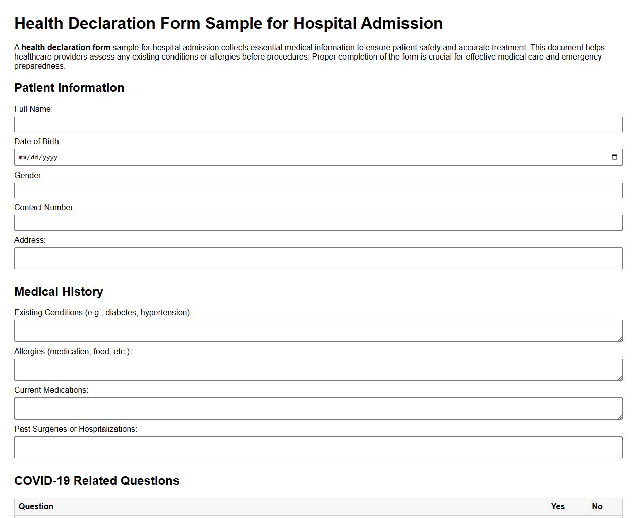 Health declaration form sample for hospital admission image preview