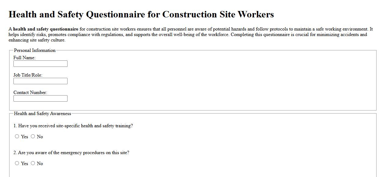 health and safety questionnaire for construction site workers image preview