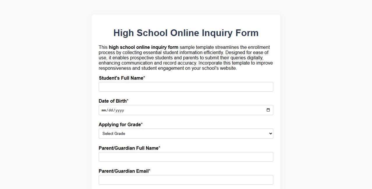 High school online inquiry form sample template image preview
